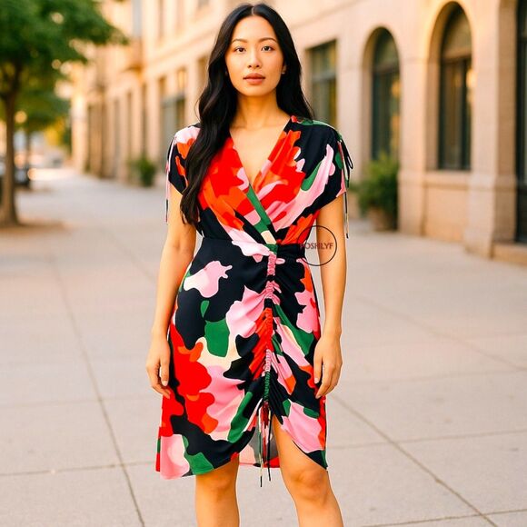 Donna Morgan NWT Ruched Surplice Neck Bodycon Tie Dress Size 6 - Picture 12 of 13